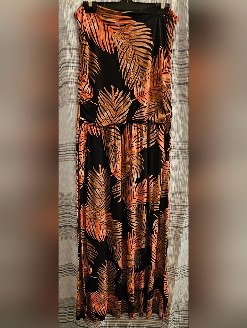 Lascana Women’s Black Strapless Maxi Dress with Orange/Tan Palm Leaf Print